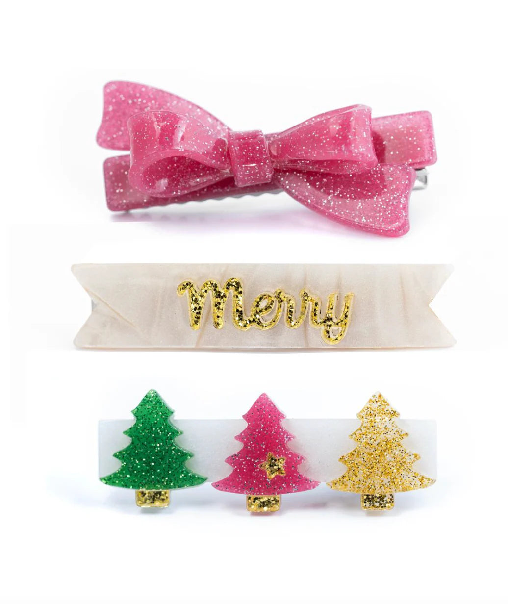 Merry Trees Vintage Glitter Bow Hair Clips