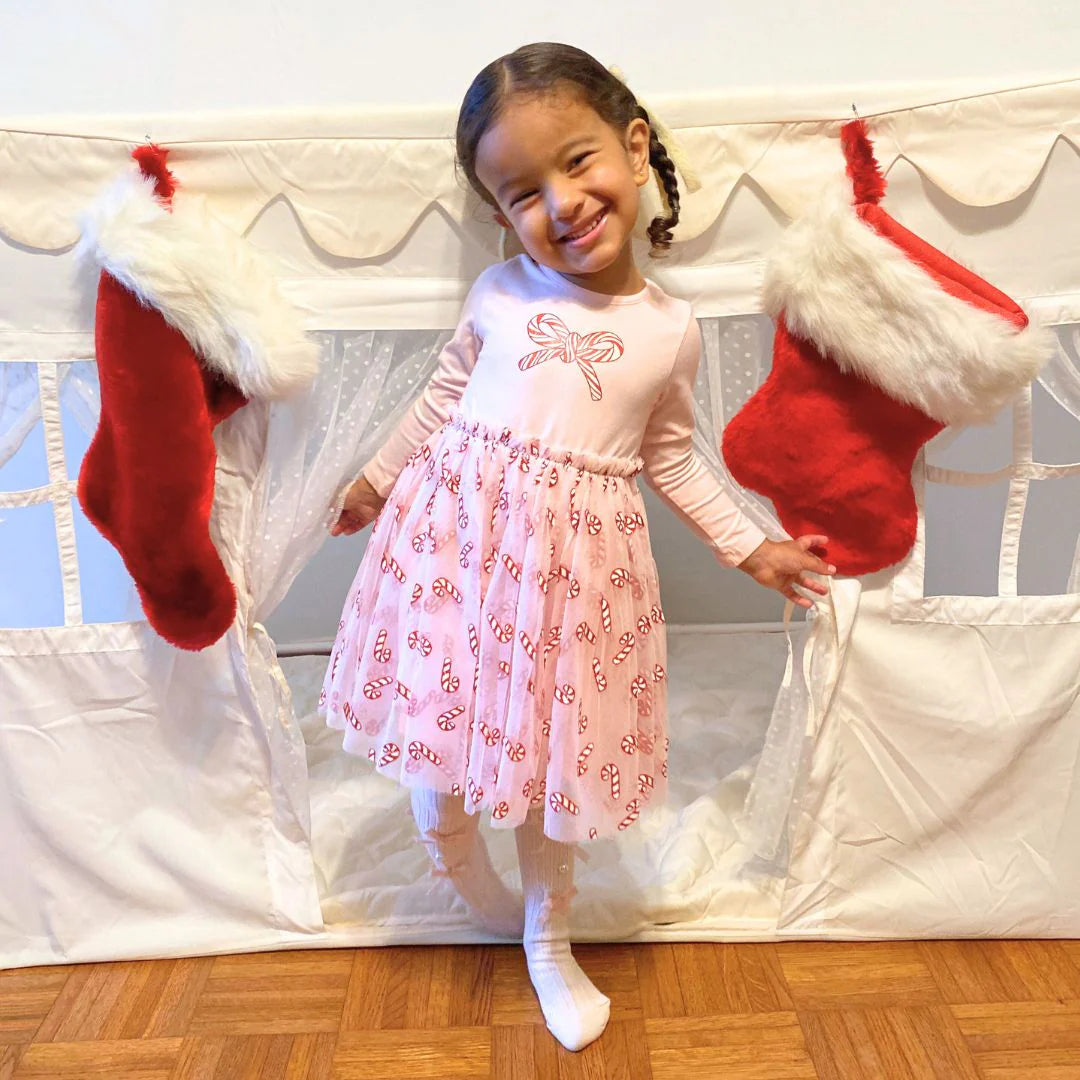 Candy Cane Confetti Christmas Long Sleeve Tutu Dress