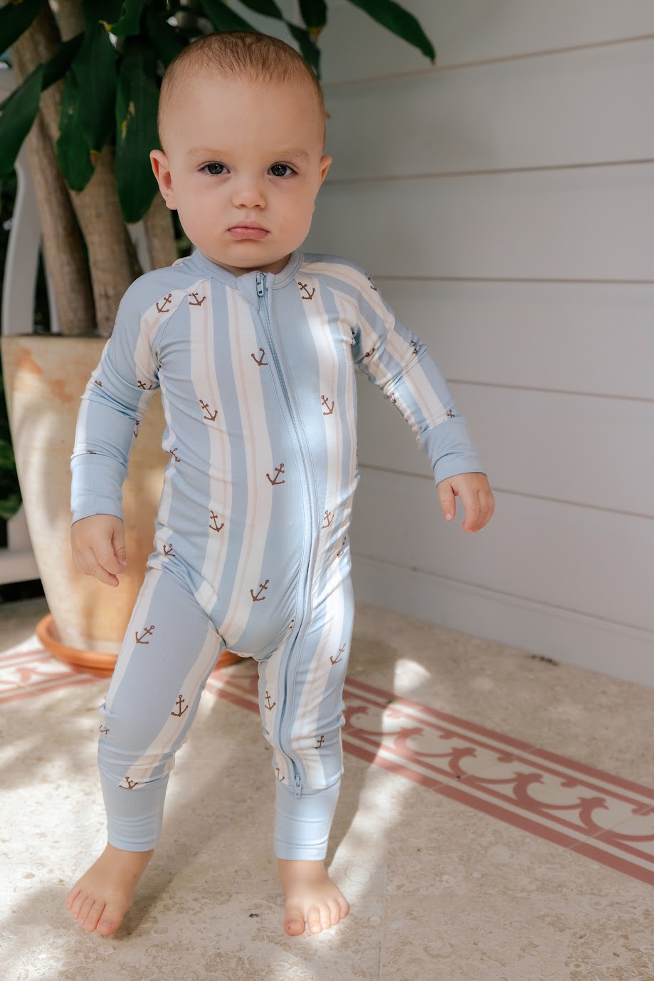 Anchored Stripe Zipper Romper
