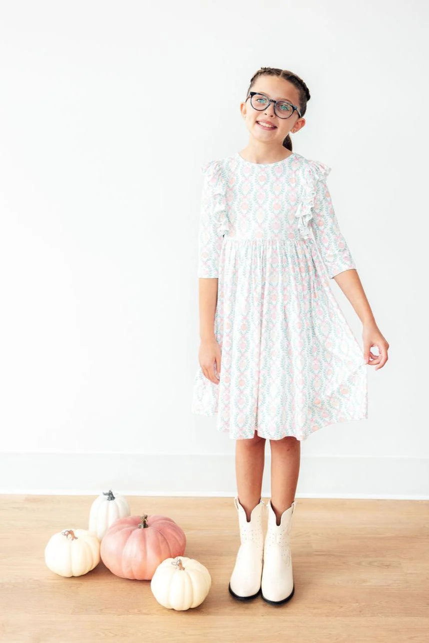Pumpkin Kisses 3/4 Sleeve Pocket Ruffle Twirl Dress