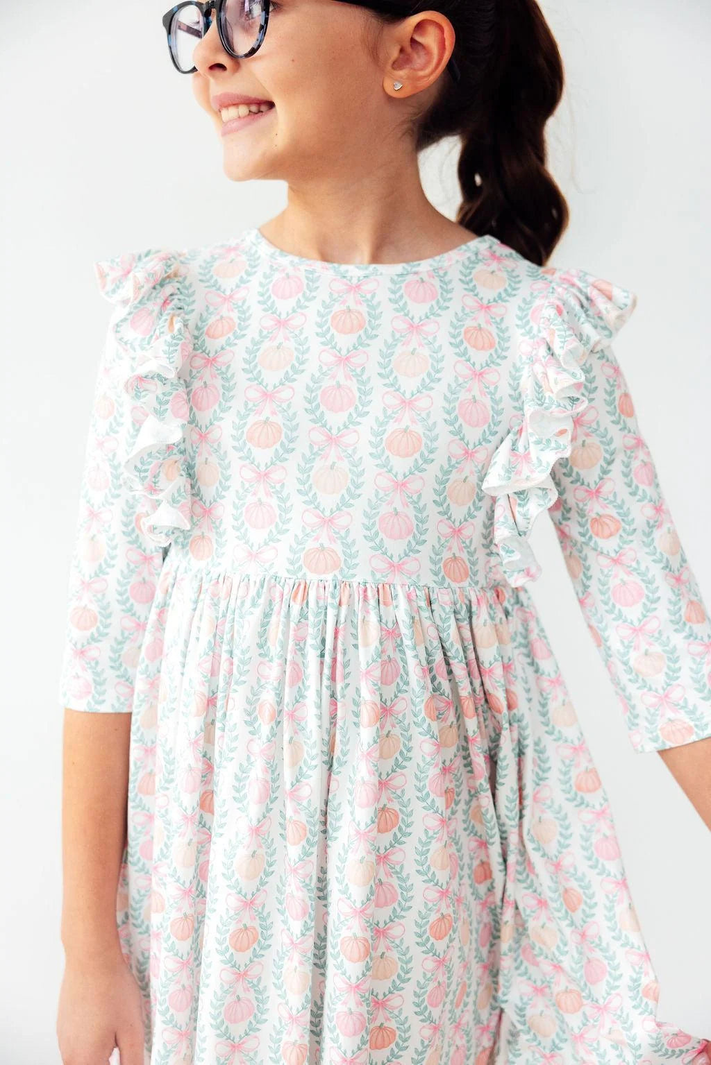 Pumpkin Kisses 3/4 Sleeve Pocket Ruffle Twirl Dress