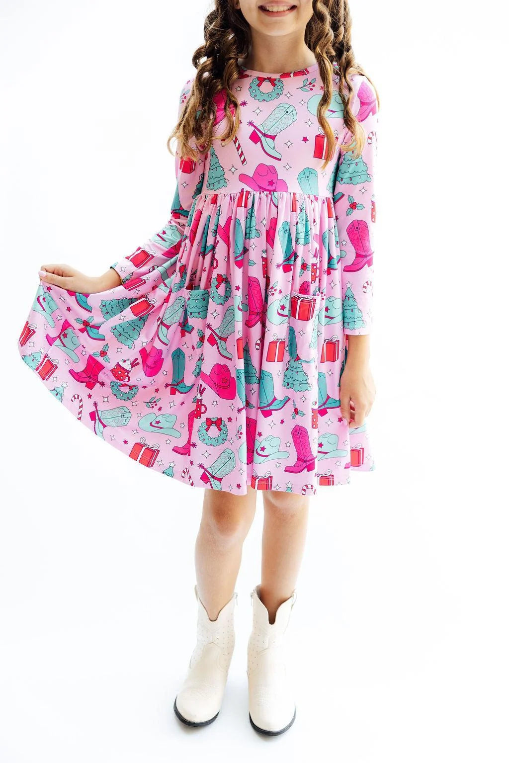 Christmas Cowgirl Long Sleeve Pocket Twirl Dress