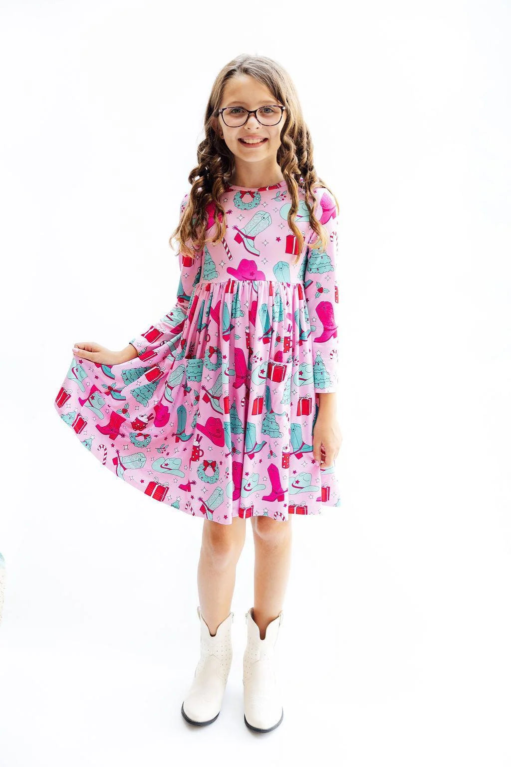 Christmas Cowgirl Long Sleeve Pocket Twirl Dress