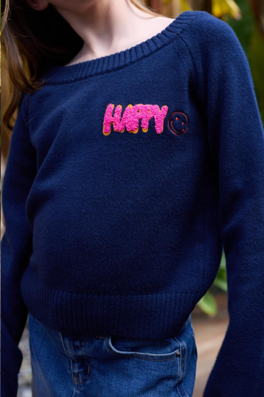 Happy Off Shoulder Navy Sweater
