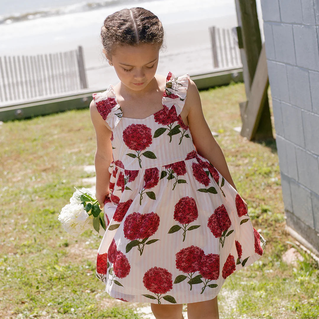Via Dress in Pink Stripe Hydrangeas