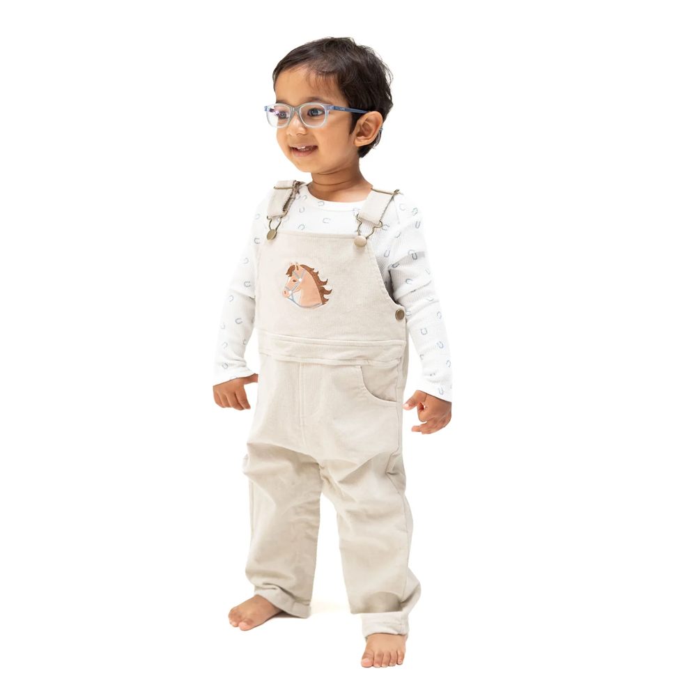Beige Corduroy Old School Overall with Horse Applique