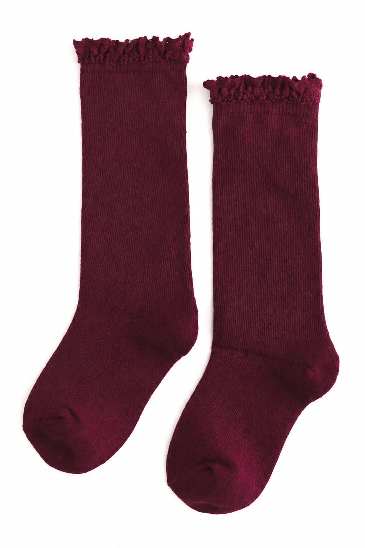 Burgundy Lace Top Knee High Socks