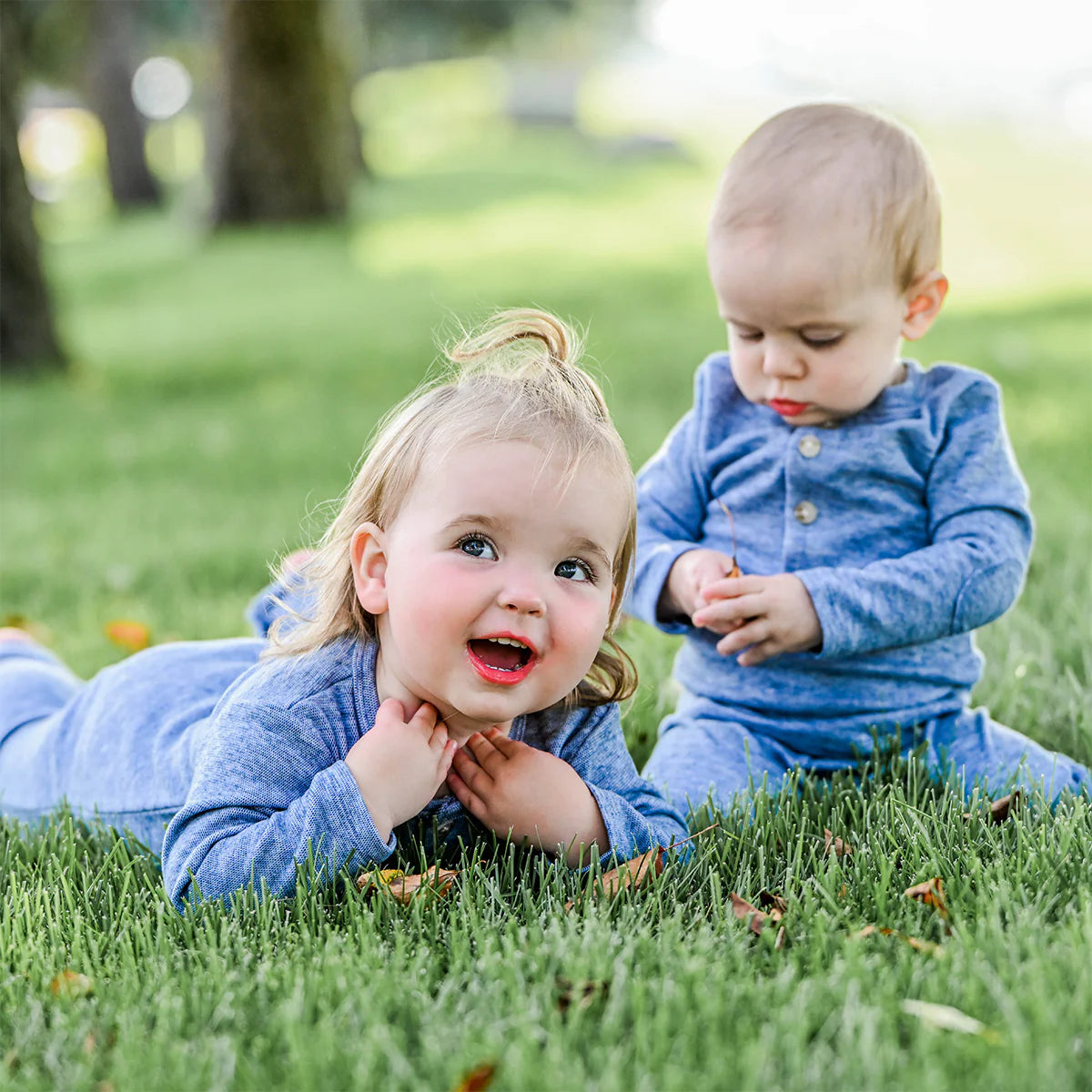 Honeycomb Elbow Patch Henley Set in Denim