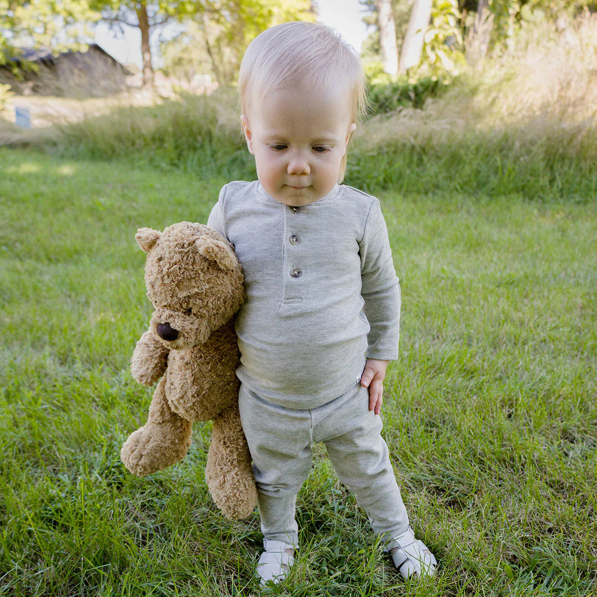 Honeycomb Elbow Patch Henley Set in Sand