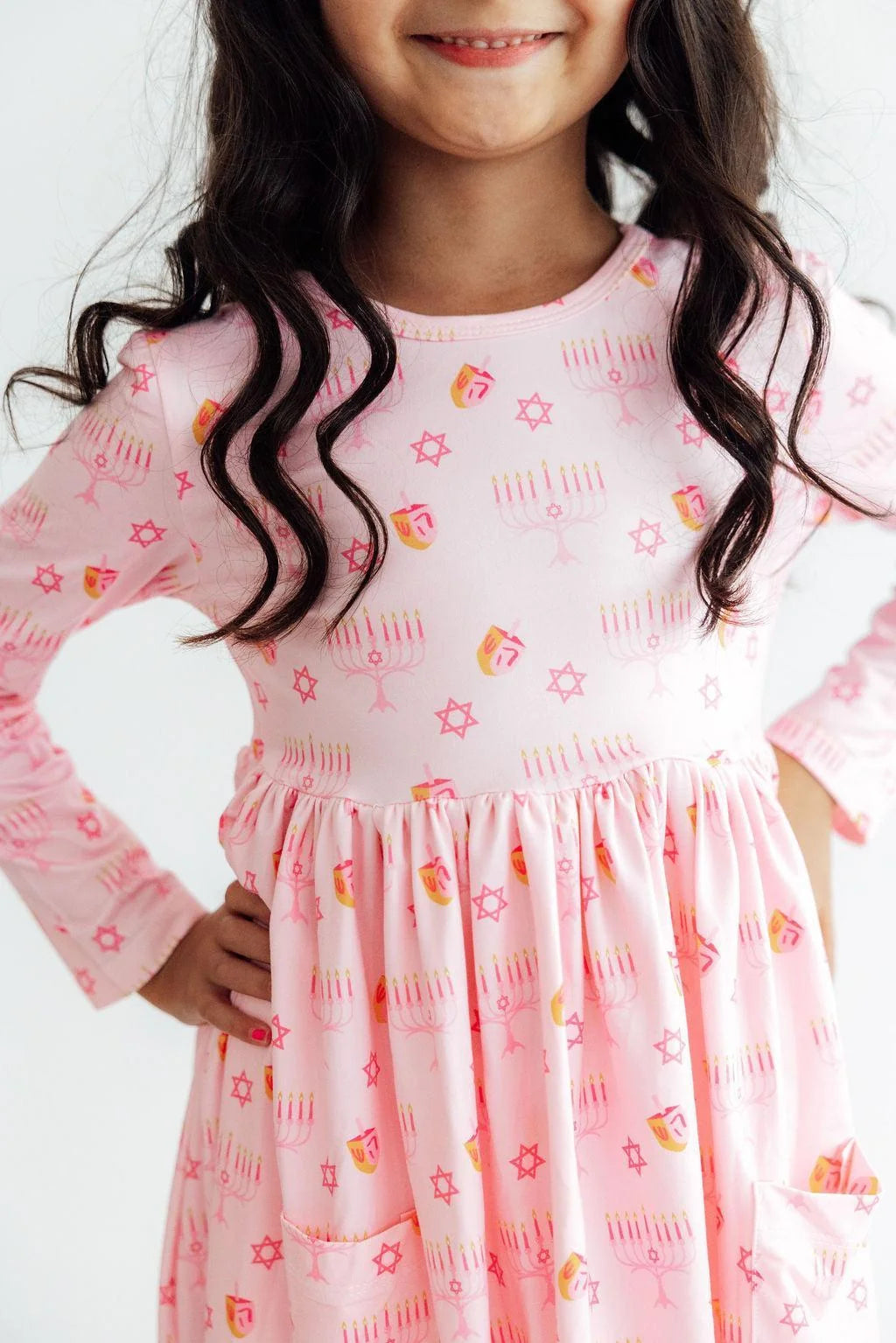 Pink Dreidel Darling Long Sleeve Pocket Twirl Dress