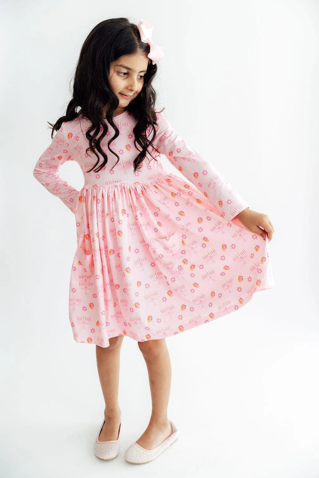 Pink Dreidel Darling Long Sleeve Pocket Twirl Dress