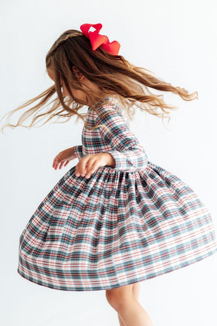 Christmas Plaid Long Sleeve Pocket Twirl Dress