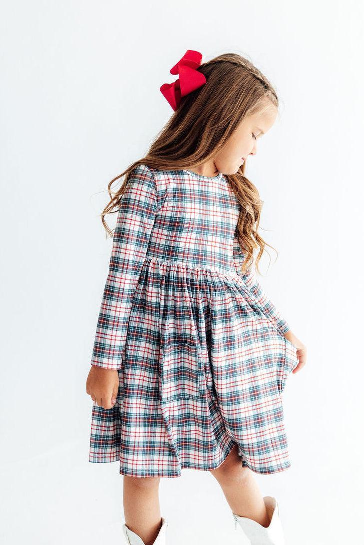 Christmas Plaid Long Sleeve Pocket Twirl Dress