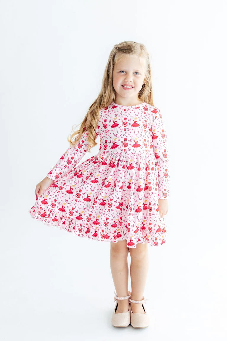Candy Cane Ballet Long Sleeve Ruffle Hem Twirl Dress