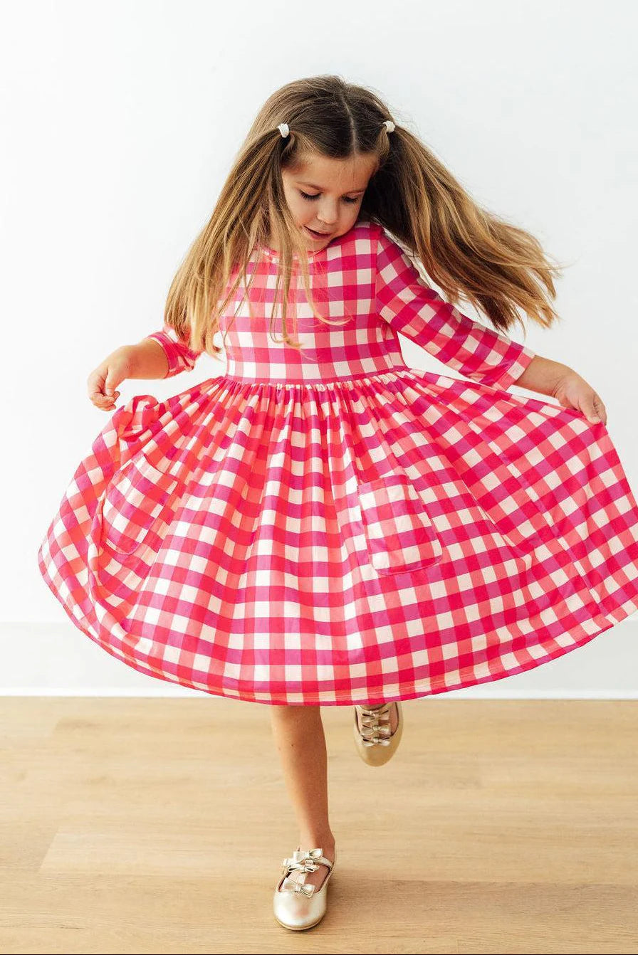Hot Pink Gingham Pocket Twirl Dress