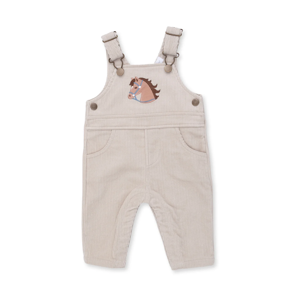 Beige Corduroy Old School Overall with Horse Applique