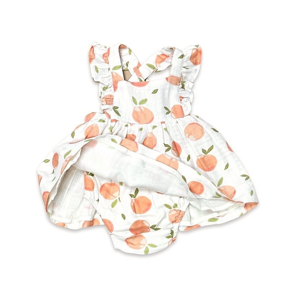 Peaches Ruffle Cross Back Flare Baby Dress+Bloomer (Organic Muslin)