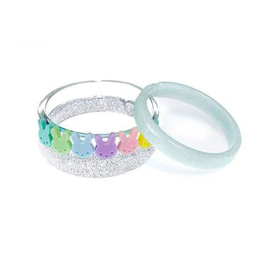 Colorful Pastel Bunnies + Glitter Silver Bangles (Set of 3)