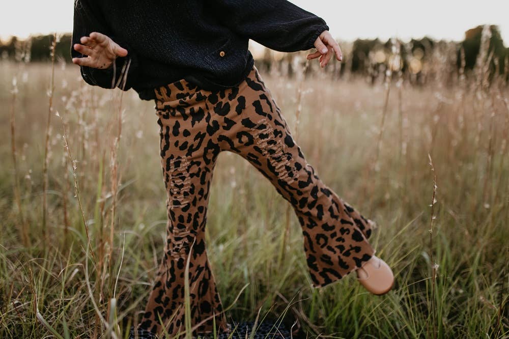 Girls Leopard Denim Flare Pants
