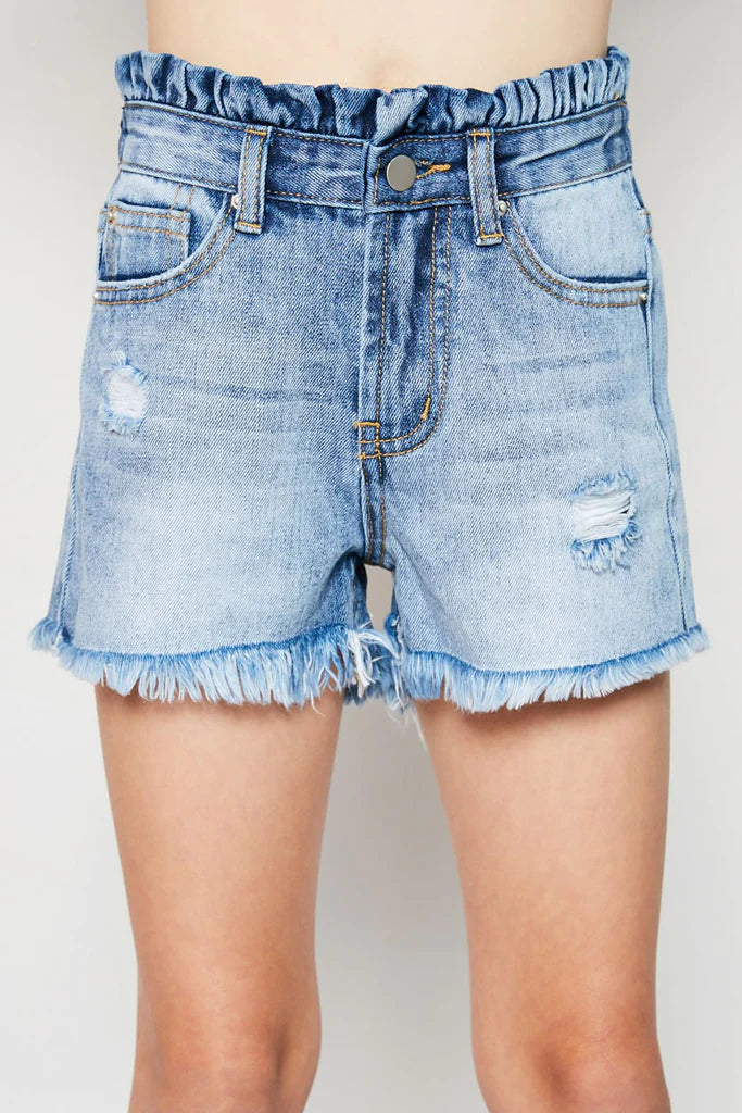 Girls High Waist Distressed Denim Shorts