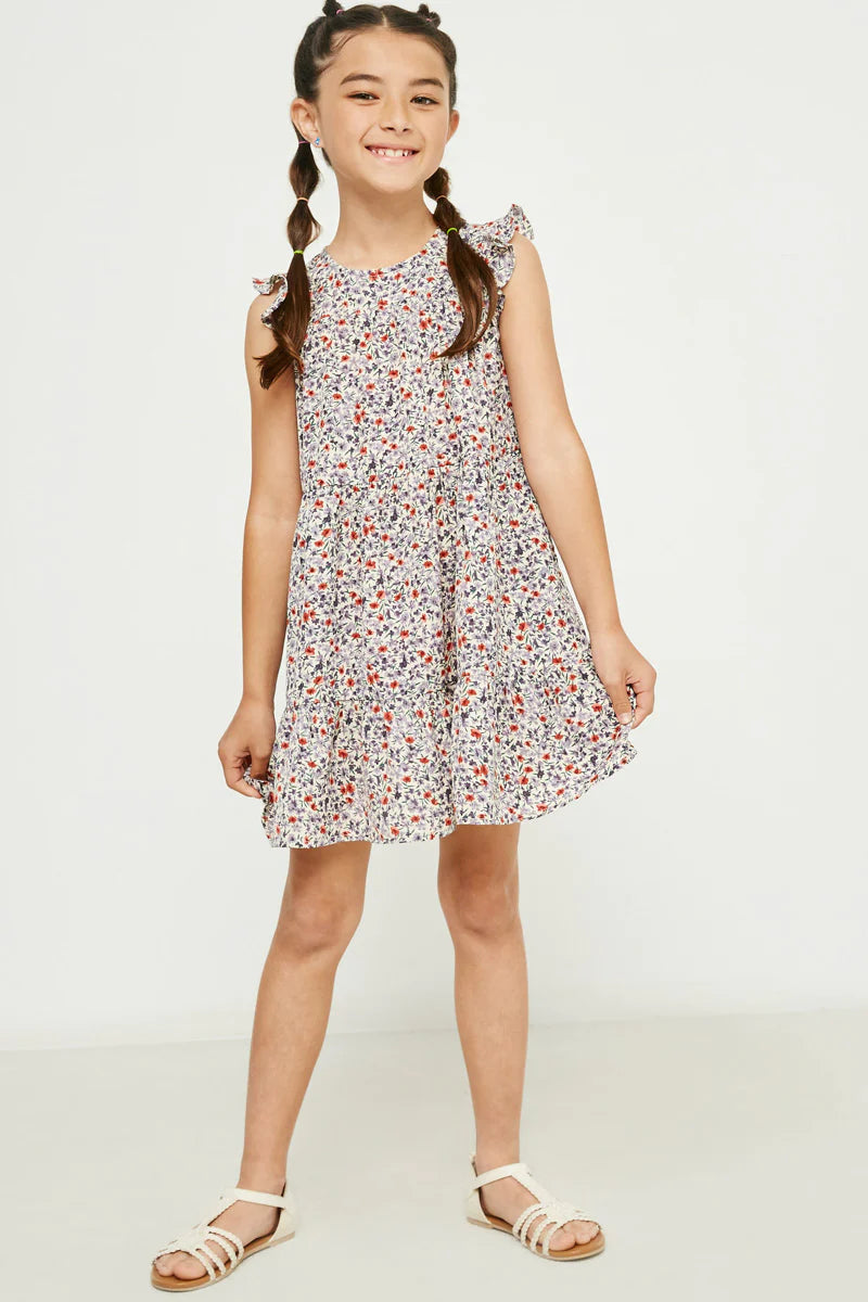 Girls Ruffle Sleeve Tiered Floral Dress