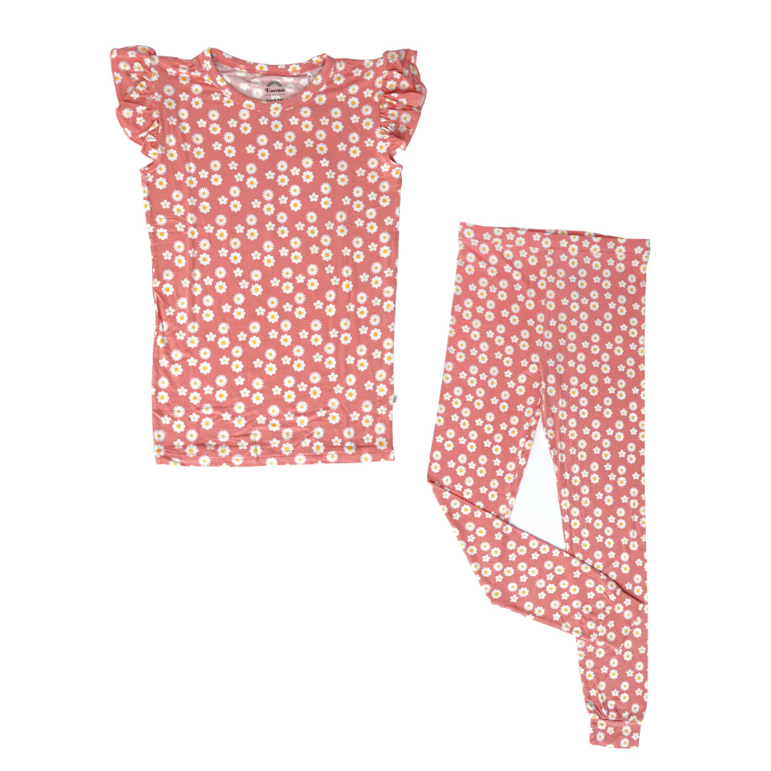 Rose Daisy Two-Piece Flutter Sleeve Bamboo Short Sleeve Kids Pajama Pants Set